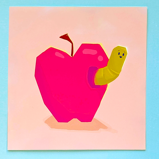 Cute Worm in an Apple Illustration - 8x8 Art Print