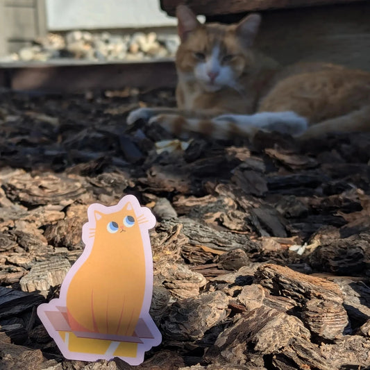 Cat-shaped sticker on the ground with a cat in the background