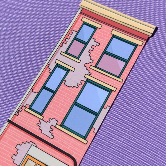 Colorful illustration of a building facade with windows on a purple background