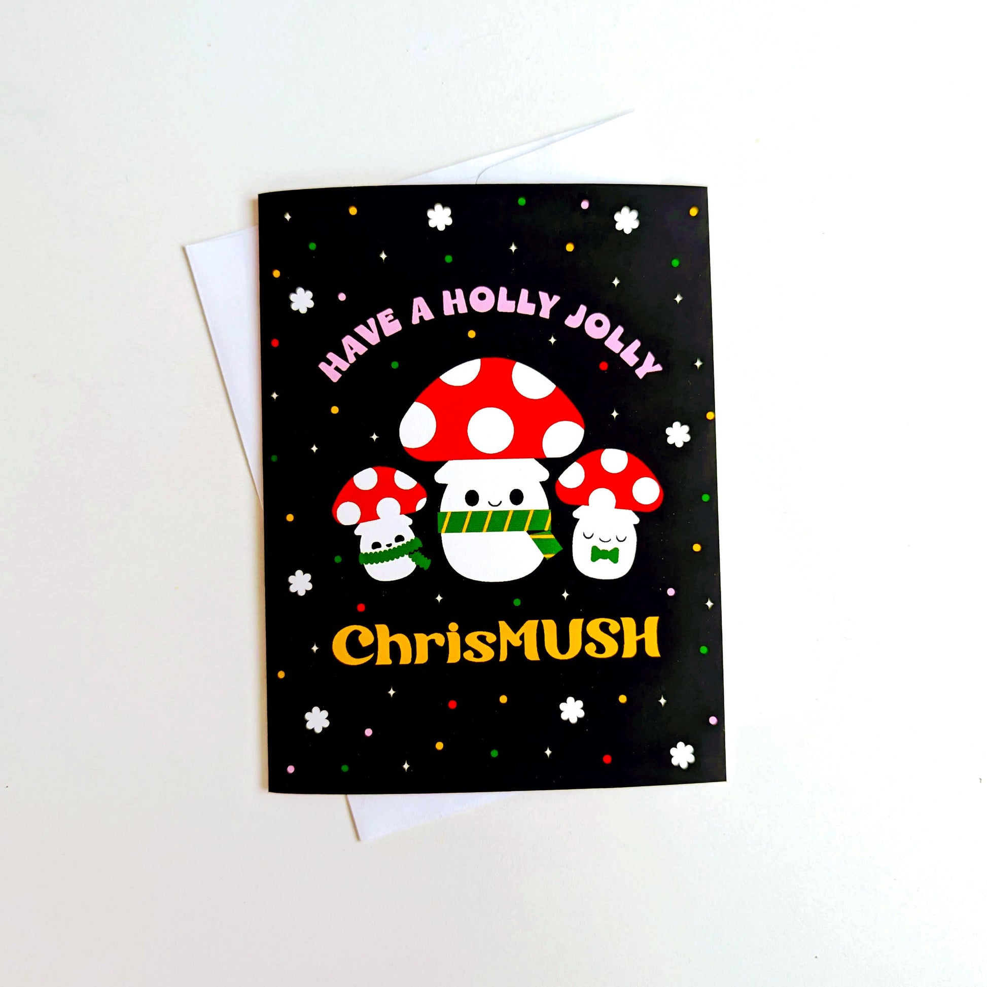 Greeting card with cartoon mushrooms and text on a white background