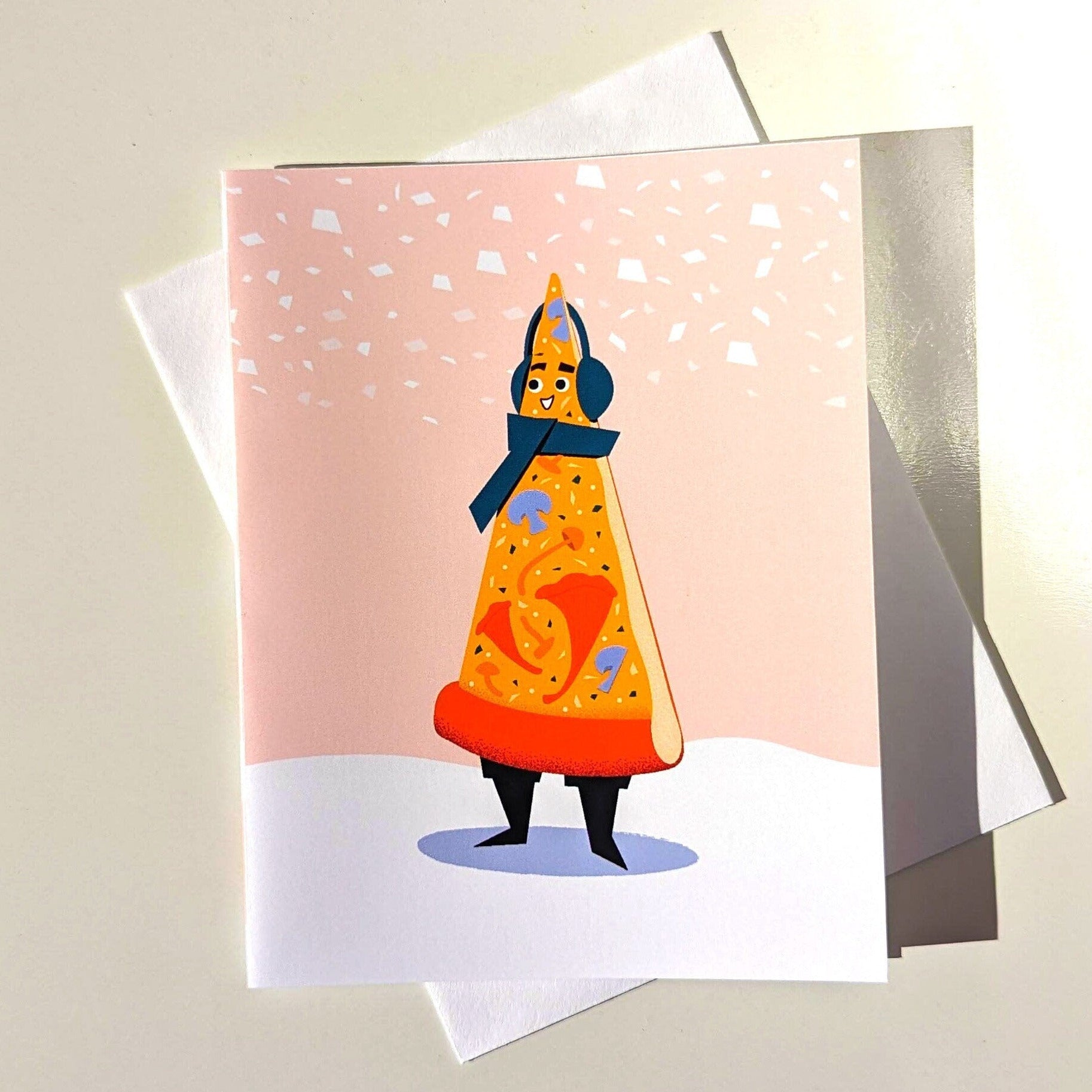 Greeting card with a stylized illustration of a character in a cone-like outfit on a light background
