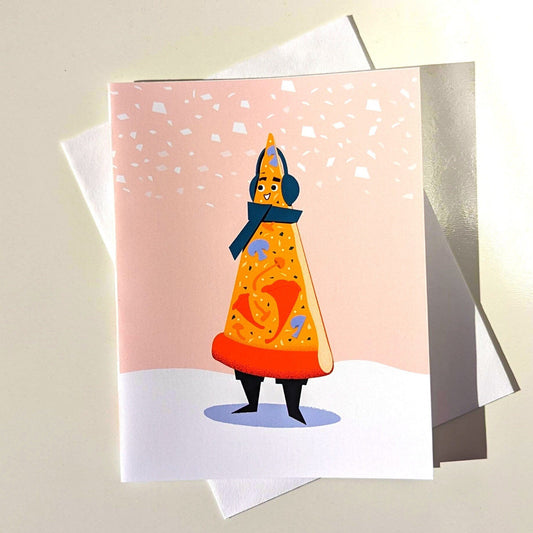 Greeting card with a stylized illustration of a character in a cone-like outfit on a light background