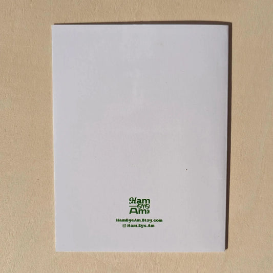 White card with green text on a beige background
