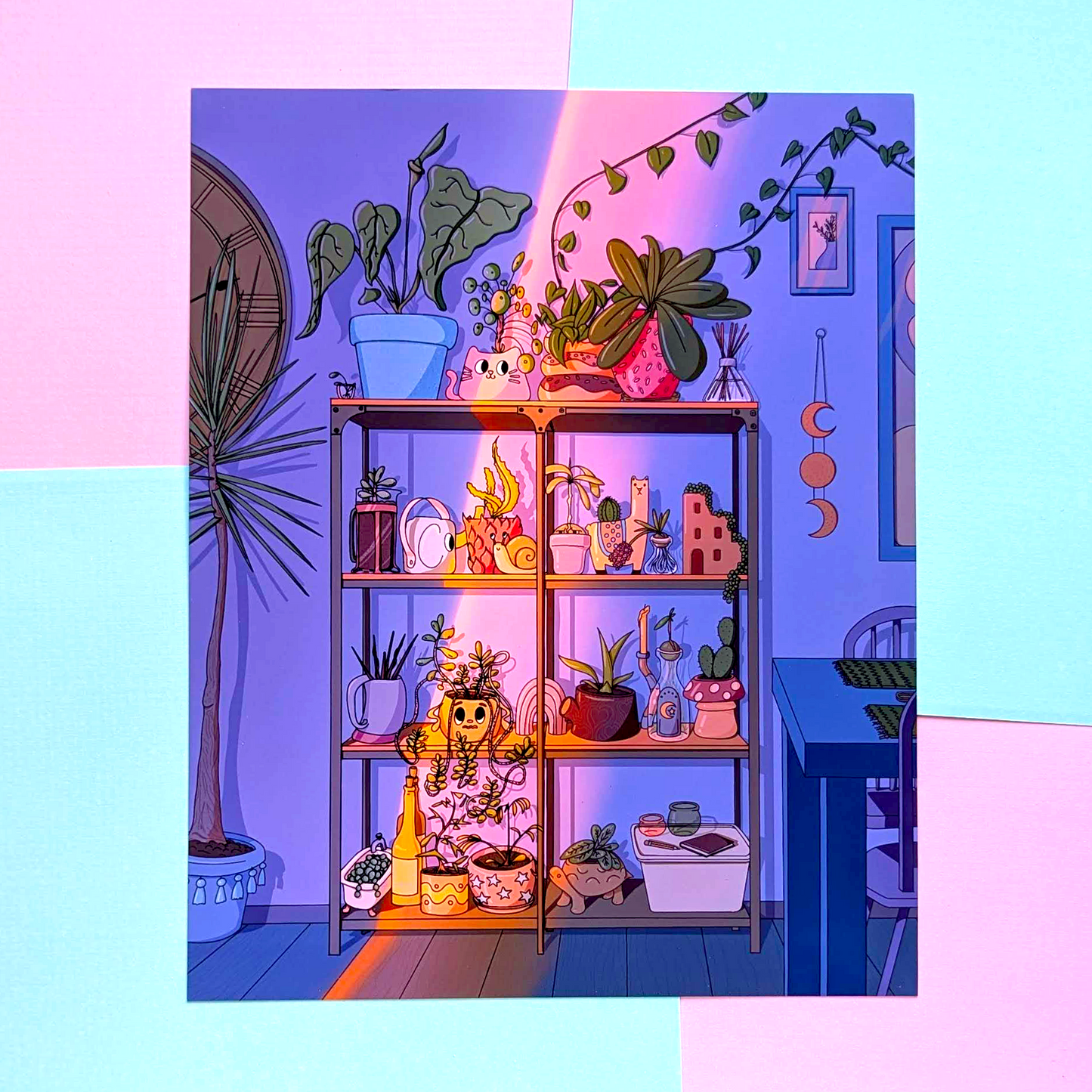 Shelving unit with plants and decor against a colorful background
