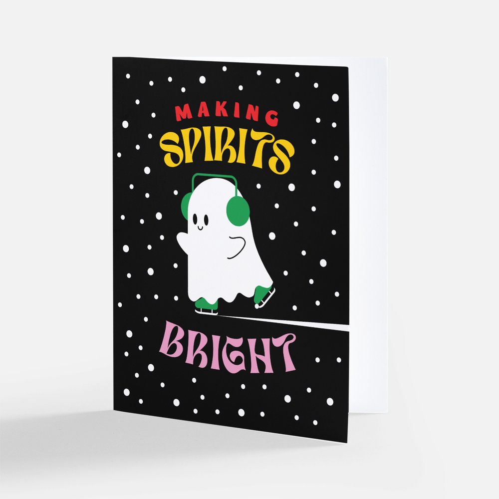 Greeting card with a ghost illustration and text on a black background with white polka dots